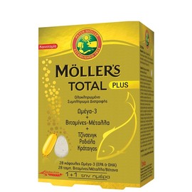 Mollers Moller's Total Plus Dietary Supplement with Omega 3, Vitamins, Minerals & 3 Reputable Herbs, (28 caps + 28 tabs)