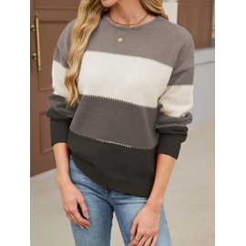 Libsorge Womens Oversized Cute Color Block Sweaters for Women Fall Winter Spring 2025 Trendy Outfits Ladies Dressy Casual Lightweight Knit Crew Neck Long Sleeve Pullover Sweater Top Grey L