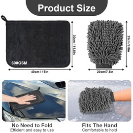 vsshe Car Washing Kit, 3 Microfiber Cleaning Cloths and 2 Chenille Wash Mitts, 600 GSM Drying Towels, Highly Absorbent 100% Scratch-Free, for Home and Car Washing, Drying, Detailing 40 x 30 cm