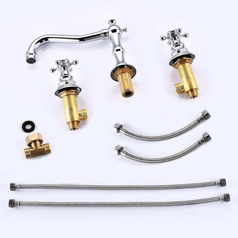 Widespread Bathroom Sink Faucet Double Cross Knobs Polish Chrome 3