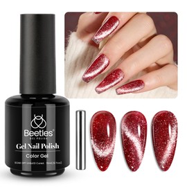 Beetles Cat Eye Gel Nail Polish, 15ml Red Glitter Nail Polish with Magnet Gel Soak Off UV LED Nail Lamp Reflective Nail Art DIY Home Manicure Design Gift for Women