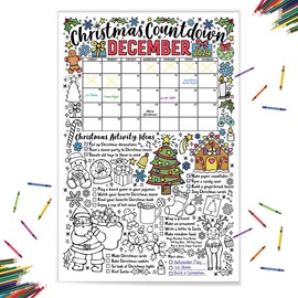 Tiny Expressions Countdown to Christmas Coloring Poster for Kids - 20" x 30" inch Jumbo Advent Calendar with Holiday Activities for December
