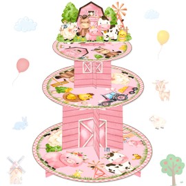 Pink Farm Animals Cupcake Stand 3 Tiers Farm Birthday Party Tower Barnyard Party Stand Holder Farm Animals Party Decorations for Farmhouse Baby Shower Supplies