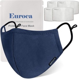 Euroca Cloth Face Mask 4 Layer Reusable Washable Adjustable for Adult Mens Womens Teens-4 Filters Included (Navy)
