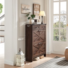 Barnyatoh Shoe Cabinet Storage for Entryway, Farmhouse Hidden Shoe Organizer with 2 Flip Drawers & 2 Drawers,Narrow Shoe Rack for Front Door Entrance with Adjustable Shelves (Rustic Brown)