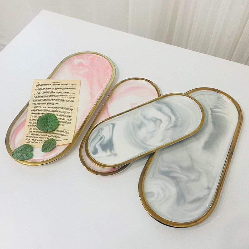 Adung Playground Gold Line Marble Tray Marble Oval, Marble Tray