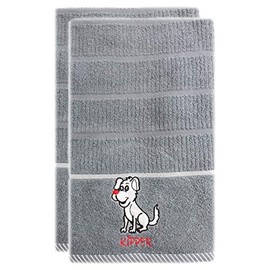 Rigg's 2 Pack Embroidered Kitchen Tea Towels Silver Grey 100% Absorbent Cotton (Kipper The Dog)