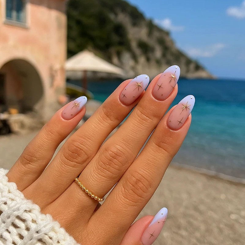 24PCS French Tip Twilight Sky French Nails with Gold Stars,