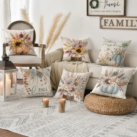 AVOIN colorlife Fall Pumpkin Wheat Cotton Jar Autumn Thanksgiving Throw Pillow Covers, 18 x 18 Inch Seasonal Blue Cushion Case for Sofa Couch Set of 4