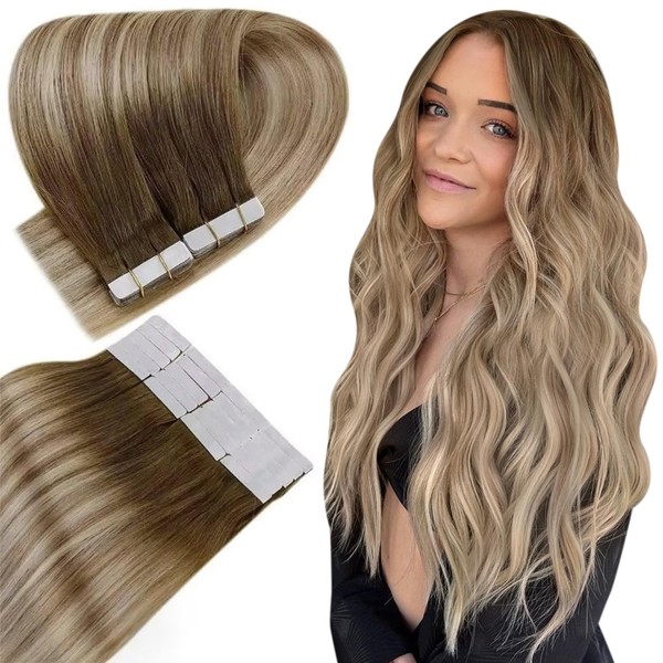 Easyouth Tape-On Real Hair Extensions, Tape-In Real Hair, Colour Dark Brown Mix Medium Brown and Medium Blonde, 12 Inches, 30 g, Seamless Glue-On Extension, Real Hair, #3/8/22