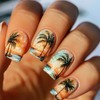 Summer sea press on nails short fake nails glossy nails press ons setting sun stick on nail with Coconut Tree design false nail supplies artificial glue on nail for women girls