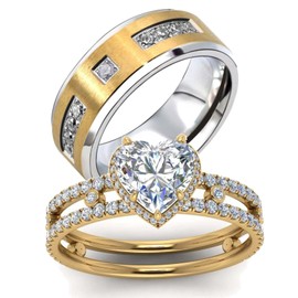 ringheart Couple Rings Matching Ring Heart 1.5ct CZ Yellow Gold Plated Women Wedding Ring Sets for Him and Her Rings, women size9 & men size11, Paper, Cubic Zirconia
