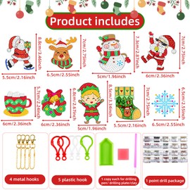 Diamond Painting Keyring, 9 Pieces Christmas Diamond Painting, Christmas Diamond Painting Pendant, Double-Sided Diamond Painting Keychain Kits, red and green