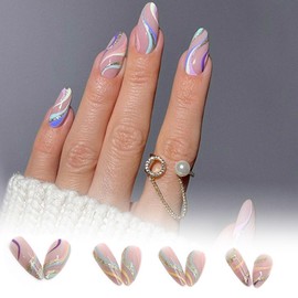 HaoTrade 24Pcs Coffin False Nails Medium, Almond False Nails,French Tip Press on Nails, Soft Gel Nails with Glue Stickers, Reusable Semi-Transparent Stick on Nails for Woman, Glossy Fake Nails Ripple