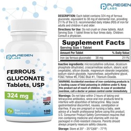 Puregen Labs Ferrous Gluconate 324 mg [High Potency] Iron Supplement 100 tabs
