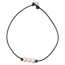 Women White 3 Cultured Freshwater Pearls Choker Necklace on Short Leather Cord Knotted Jewelry-Brown 16"