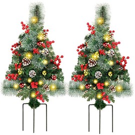 Juegoal 2 Pack 30 Inch Pre-Lit Pathway Christmas Trees, Artificial Christmas Urn Filler with 60 LED Lights, Red Berries and Pine Cones Ornaments, Battery Operated Holiday Dcor for Driveway, Yard