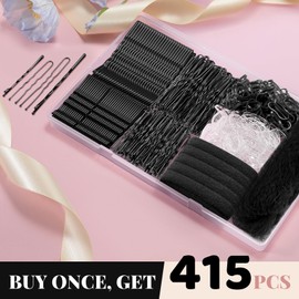 IKOCO Set De 415 Horquillas Para El Cabello, 200 Horquillas En Forma De U Y Ligas Elásticas Para El Cabello Con Redecilla, Color Negro.