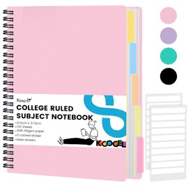 Koogel Hardcover Spiral Notebook with Tabs, Ruled Pages Journals with Deviders 5 Subject Project Spiral Notebook Perforated Edges for School Office, Pink 21x28cm