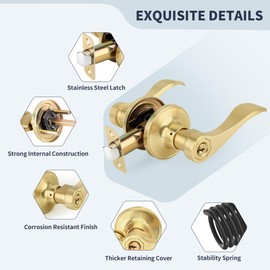 LOQRON Wave Style Gold Door Handles with Lock and Key (Keyed Differently), Brushed Gold Keyed Entry Door Handle, Reversible Door Lever for Bedroom and Bathroom, Satin Brass,1 Pack