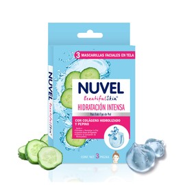 Nuvel Mascarilla Facial en Tela Hidratación Intensa, para Todo Tipo de Piel, con Colágeno Hidrolizado y Pepino, Paquete con 3 Piezas