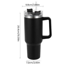 Vaso de 40 onzas con pajita, tapa y asa, taza de viaje portátil, taza de café aislada de acero inoxidable, a prueba de fugas, botella de agua aislada al aspiradora, para bebidas heladas calientes, regalo para hombres y mujeres (negro)