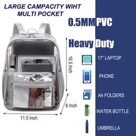 FARMARK Clear Backpack Heavy Duty Clear Bookbag LargeTransparent Backpacks for College, Work, Stadium Events (Gray)