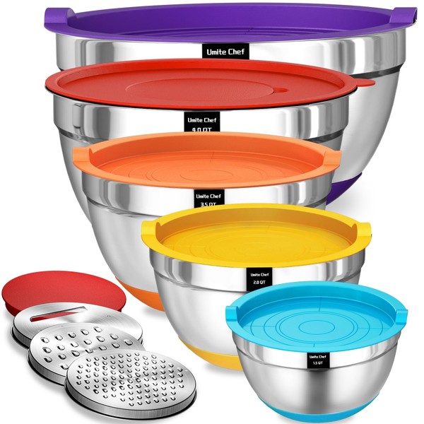 Umite Chef Mixing Bowls with Airtight Lids Set, 8PCS Stainless Steel Nesting Bowls Set, 3 Grater Attachments & Non-Slip Bottoms, Size 5, 4, 3.5, 2, 1.5QT for Baking & Mixing(Colorful)