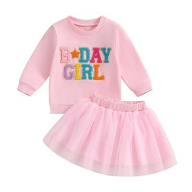 Toddler Baby Girls Birthday Outfits Birthday Girl Embroidery Letter Sweatshirt Tops+Rainbow Tutu Skirt Fall Clothes (Pink Red, 5-6 Years)