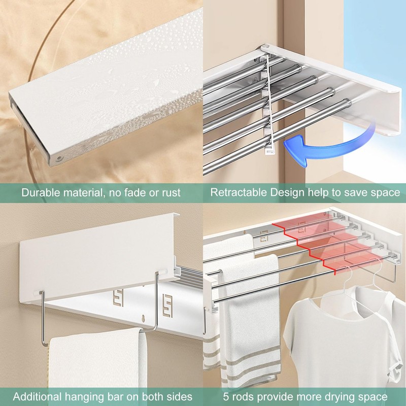 Wall Mounted Laundry Rack, Collapsible Clothes & Towel Drying Rack
