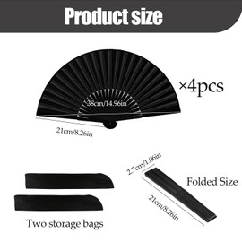 RYAN Fan Black Pack of 4 Hand Fans Bamboo Foldable with Storage Bag Compartments for Wall Decoration Photography Decoration Wedding Party Summer Gifts