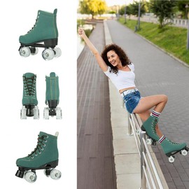 Silvertree Roller Skates for Women and Men PU Leather High-top Adult Roller Derby Skates Wheels Light Up Roller Skates Four-Wheel Shiny Roller Skates for Girls Boys Unisex, Green,Imitation cowhide