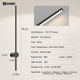 AOMEI 39.5 Inch Black Full-Spectrum Tri-Color Dimming 3000/4000/6000k Wall Lamp Indoor, 350° Rotation Reading Lamp for Living Room, Bedroom (Black)