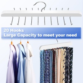 RESOVO Upgraded Tie Rack Hanger with 20 Foldable Metal Hooks, Space Saving Necktie Organizer for Men – Large Capacity Tie and Belt Wooden Hanger for Closet - White