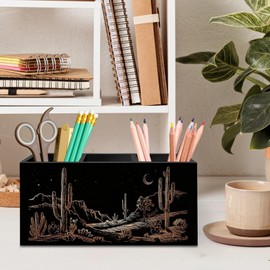 DILSJ Western Pen Pencil Holder Organizer for Desk, Western Office Decor, Country Southwestern Desert Cactus Landscape Wooden Box Signs for Home Bedroom Office Desk Tabletop Decoration