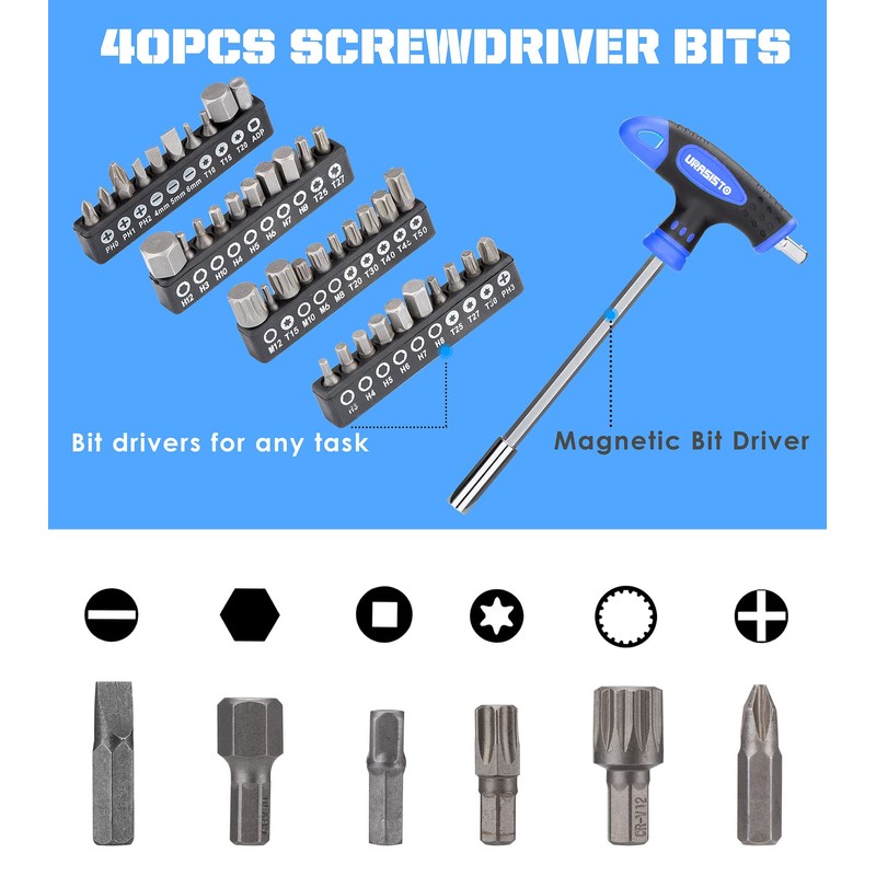 URASISTO 120-pieces Magnetic Screwdrivers Sets Includes Sockets, Slotted, Phillips, Hex,