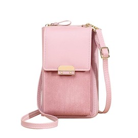 Leather Crossbody Phone Bag Small Designer Purse with Adjustable Strap - Color: PINK