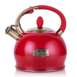 SUSTEAS Stove Top Whistling Tea Kettle - Food Grade Stainless Steel Teakettle Teapot with Cool Touch Ergonomic Handle, With 1 Silicone Pinch Mitt Included, 2.64 Quart(RED)