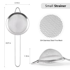 D Fine Mesh Strainer, Stainless Steel Sieve Sifter with Handle, Small Metal Strainer for Loose Tea, Juice, Drink, Herbs, Mini Sifter for Flour, Matcha, Kitchen, Baking, 3-Inch (8x3, Silver)