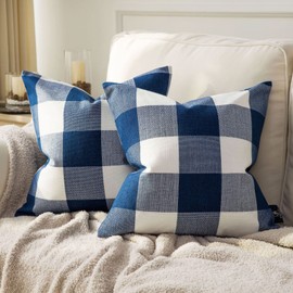 Phantoscope Pack of 2 Buffalo Check Plaid Throw Pillow Covers Cushion Case Farmhouse Square Throw Pillow Cases for Fall Home Decor Navy Blue,18 x 18 Inches