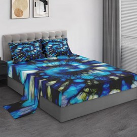 Pamnest Queen Size Bed Sheet Sets, Tie Dye Psychedelic Kids Soft Microfiber 4 Pcs Bedding Sets for Kids and Adults Bedroom Bed Decor, Colorful Neon Dirt Geometric Flat, Fitted Sheet and 2 Pillowcases