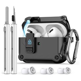 Alomia Funda Uso Rudo Compatible con AirPods Pro 2. Funda con Bloqueo de Seguridad. Protege de caídas, rayones y Polvo con Kit de Limpieza y 3 Pares de Almohadillas (S/M/L) (Color Negro)