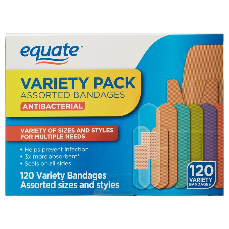 Equate Antibacterial Bandages Variety Pack, 120 Count
