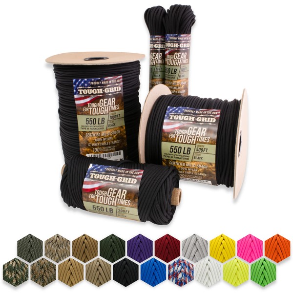 TOUGH-GRID 550lb Paracord/Parachute Cord - 100% Nylon Mil-Spec Type III Paracord Used by The US Military, Great for Bracelets and Lanyards - Made in The USA