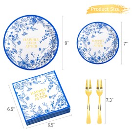 Crisky Floral Wedding Plates Disposable Bridal Shower Plates and Napkins Sets, Forks, Blue Paper Engagement Tableware Set for 24 Guests Bridal Shower Decorations Party Supplies (Happily Ever After)