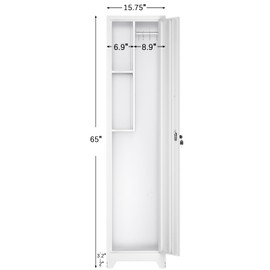 LUCYPAL Broom Closet Storage Cabinet,65" H Metal Cleaning Tool Cabinets with Hooks and Hanging Rods,Slim Utility Closet Cabinet for Garage,Utility Room,Gym,Mops,Kitchen,White