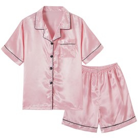 Vopmocld Big Kids Unisex Pjs Set Girls Boys Silk Pajama Sets Satin Clasic Sleepwear Summer 2 Pieces Button Down Nighty, Pink, 12