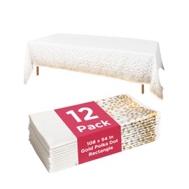 Prestee Prestee 12-Pack Disposable Tablecloth - White and Gold Polka Dot Rectangular Table Cover, 54x108 Inches - Waterproof, Stain-Resistant Party Table Covers for Weddings, BBQs, Birthdays, and Events