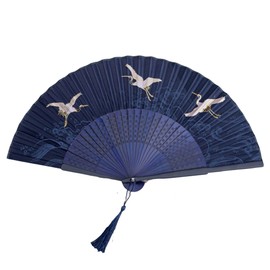 GFM® Bamboo Silk Handheld Folding Japanese Chinese Hand Fan Fan for Summer, Wedding, Party Favour (FLSLK-MR-E) (F10-Japanese-Flying Cranes) (FLSLK-F10-18)