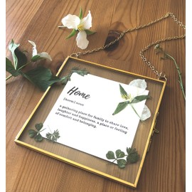 Glass Frame for Pressed Flowers, Leaf and Artwork - Hanging Gold 8x8 Square Metal Picture Frames, Clear Double Glass Floating Frame, Wall Decor Photo Display, Set of 2 Flower Press Frames with Chain